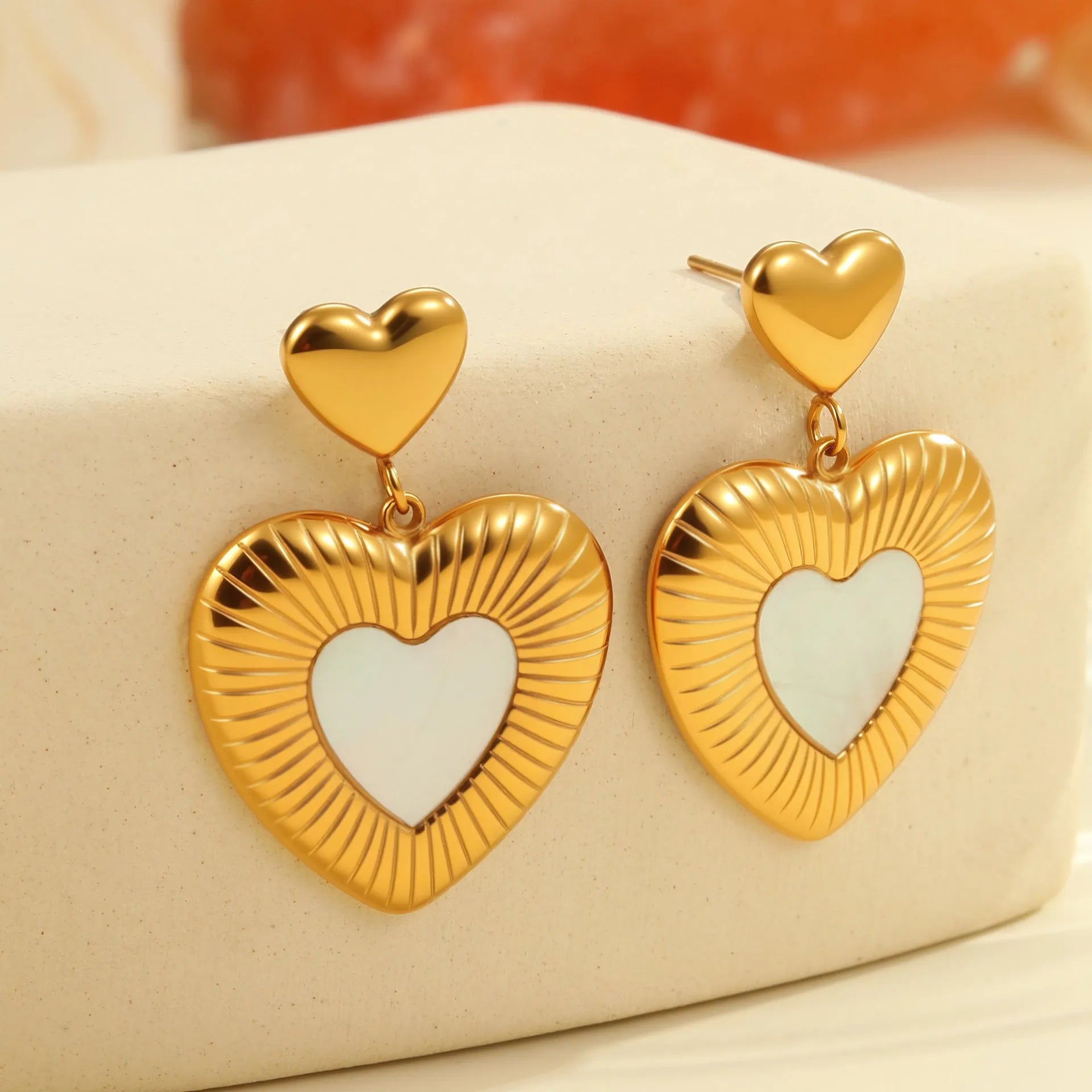 Women's gold heart-shaped fritillary earrings with stainless steel construction and electroplated finish