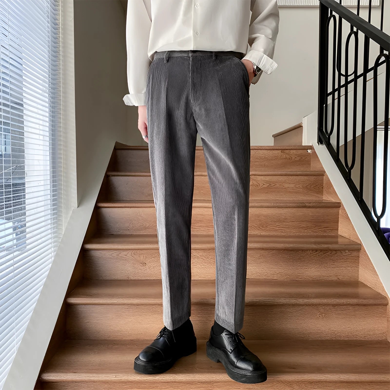 Non-ironing wool blend straight-leg trousers in black, ankle-length style for young men