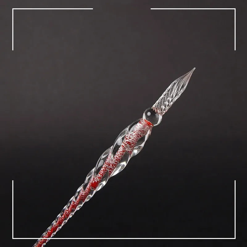 Crystal glass pen with coloured glaze dip art decoration showing transparent ink chamber