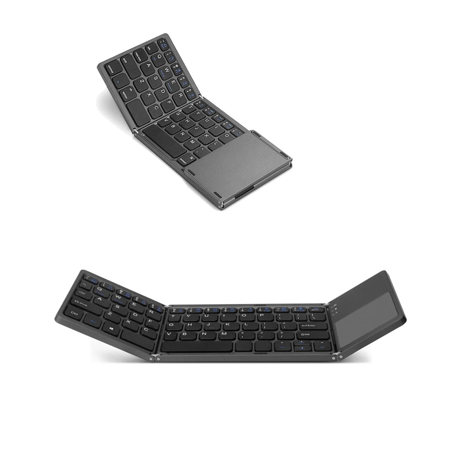 Mini tri-fold Bluetooth keyboard showing folded compact size with silver ABS plastic finish