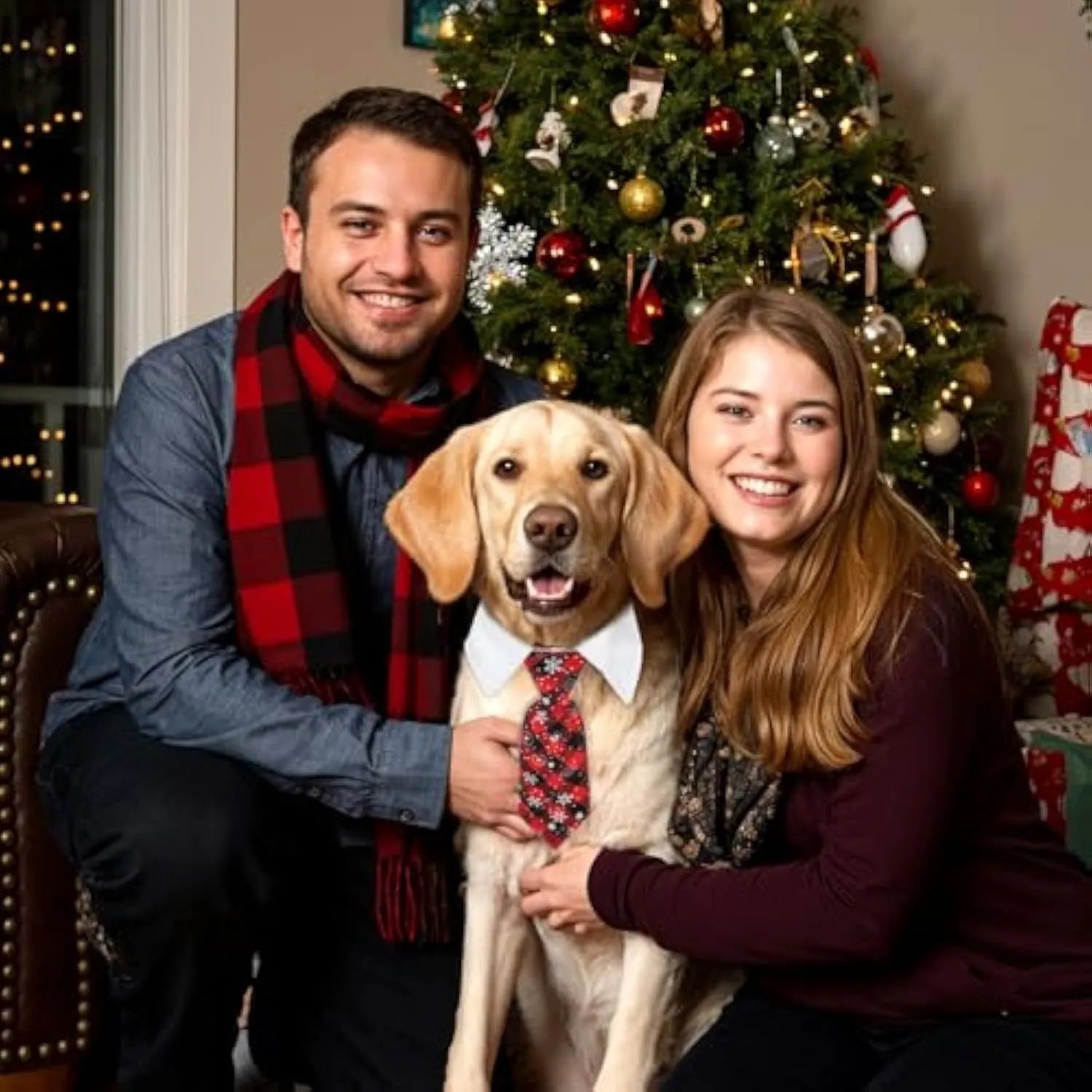 Adjustable Christmas dog necktie with red plaid and snowflake pattern on a white background