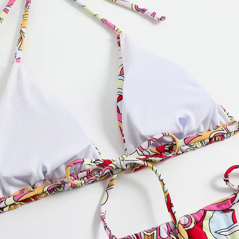 Women's triangle printed bikini set with hanging neck design in multicolour pattern