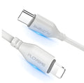 White braided nylon USB-C to Lightning cable with aluminium connectors, shown at full 2.4m length.