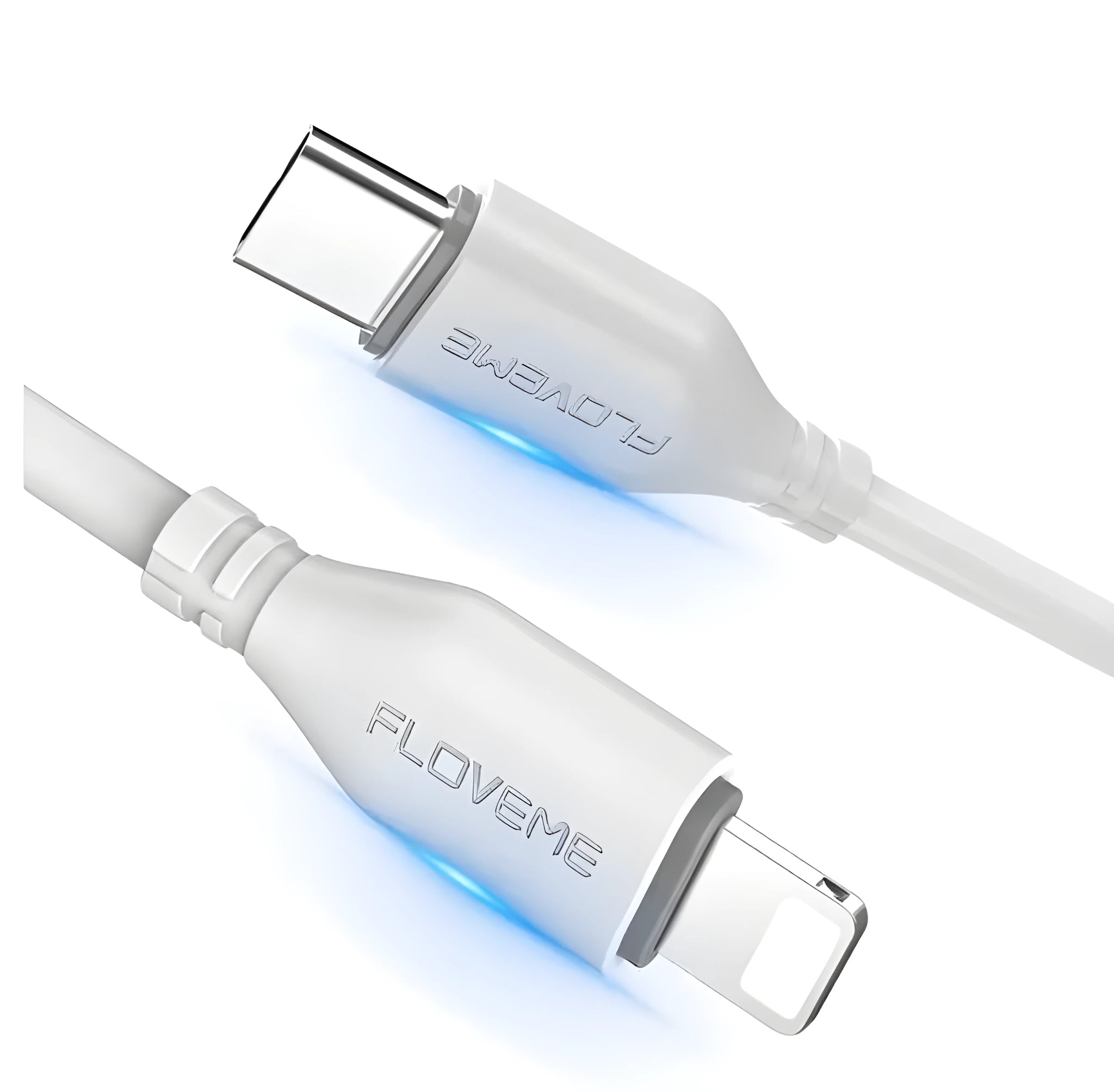 White braided nylon USB-C to Lightning cable with aluminium connectors, shown at full 2.4m length.