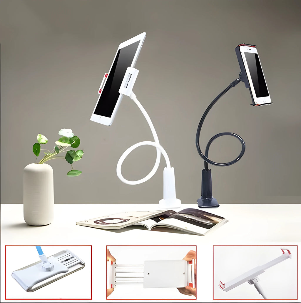 Black oversize flat panel handset holder with long adjustable arm made of aluminum alloy and plastic