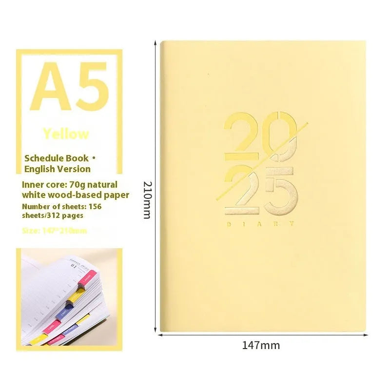 A5 daily planner notebook with faux leather cover open on a desk