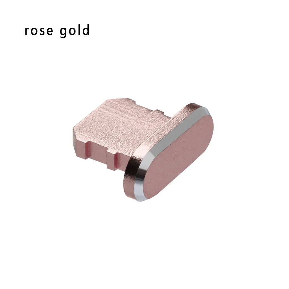 Aluminium alloy dust plug for iPhone charging port in a selection of colours including gold, silver, and rose gold.