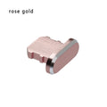 Aluminium alloy dust plug for iPhone charging port in a selection of colours including gold, silver, and rose gold.