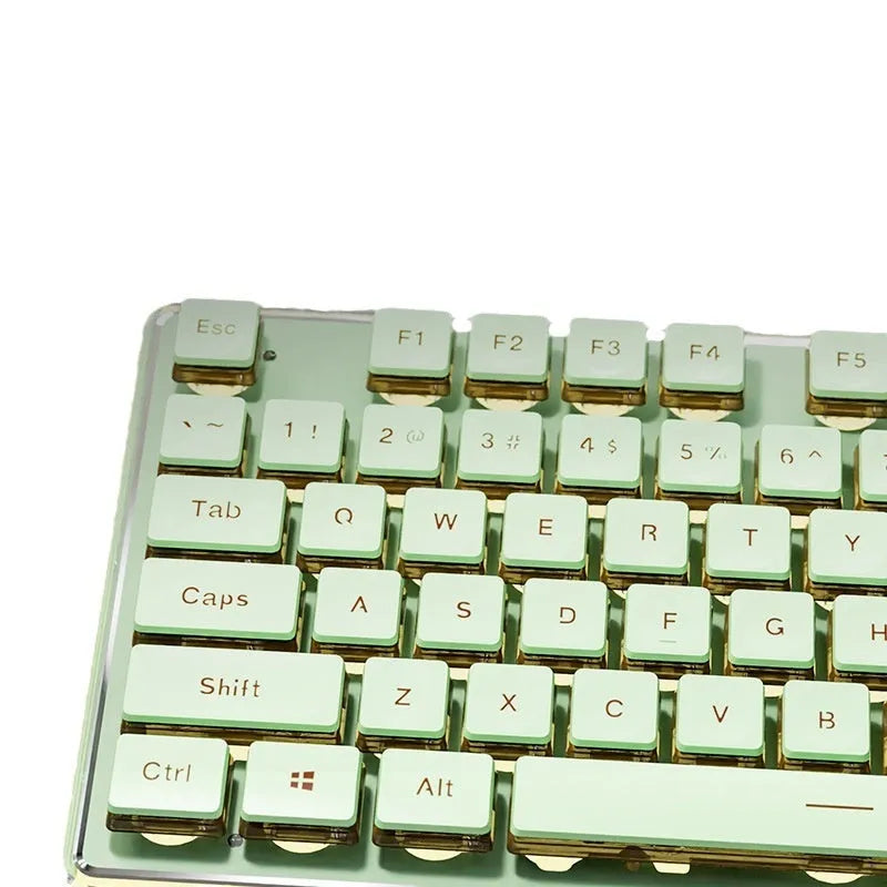 Prewalker V3 silent mechanical feel keyboard and mouse set in retro green colour on a desk.