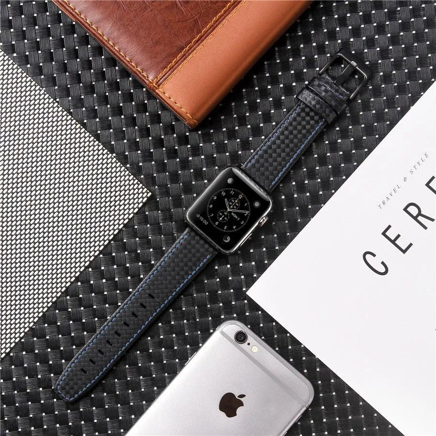 Leather Apple Watch band with carbon fibre pattern case in multiple colour options