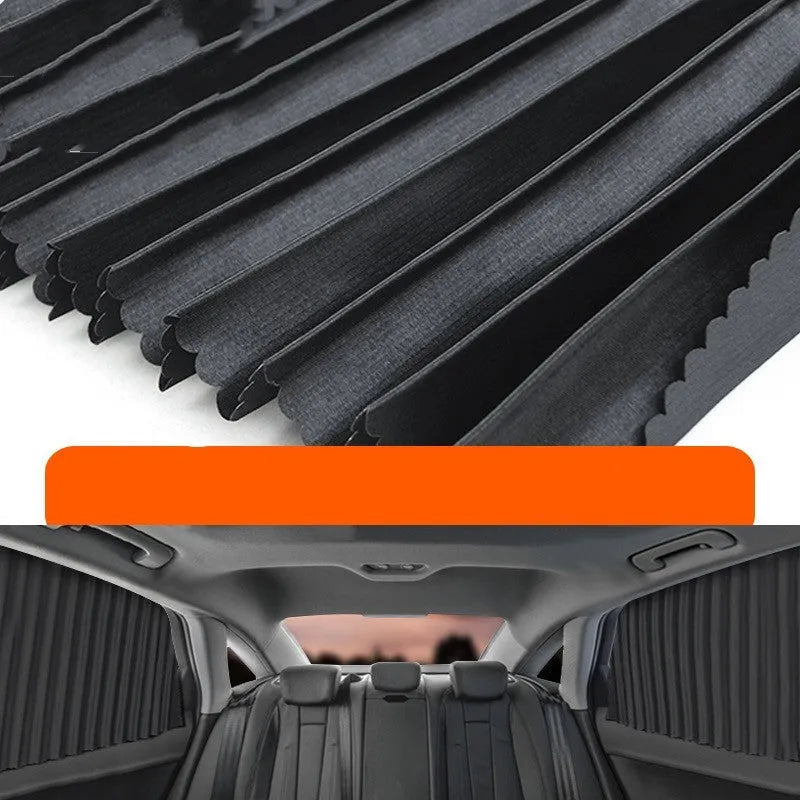 Auto-retractable roller shutter car sunshade curtain in thick opaque cloth.