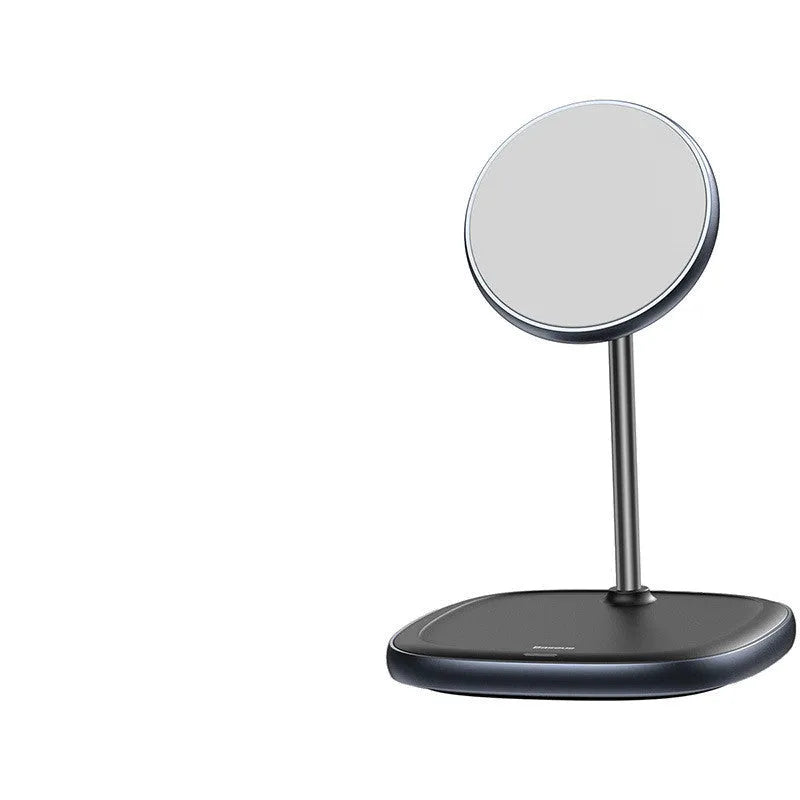 Black Swan magnetic wireless charging stand holding an iPhone 12 upright on a desk