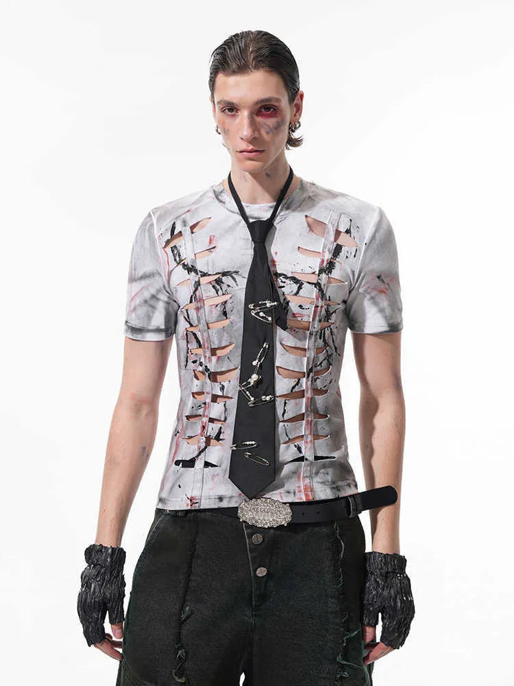 White men's stretch cotton short sleeve t-shirt with hollow-out detail and round neck collar.