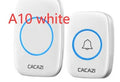 Wireless doorbell receiver and push button transmitter in black and white finishes.