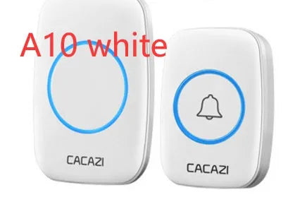 Wireless doorbell receiver and push button transmitter in black and white finishes.