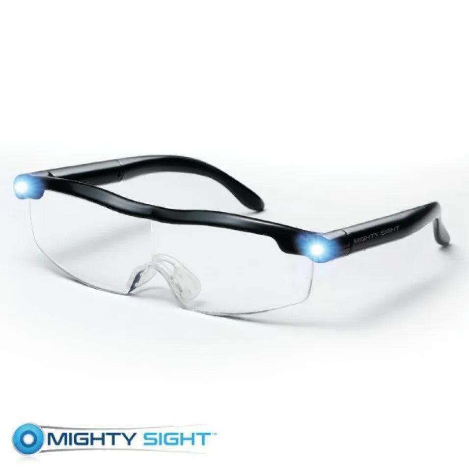 Transparent black reading glasses with a built-in USB LED light panel on the frame.