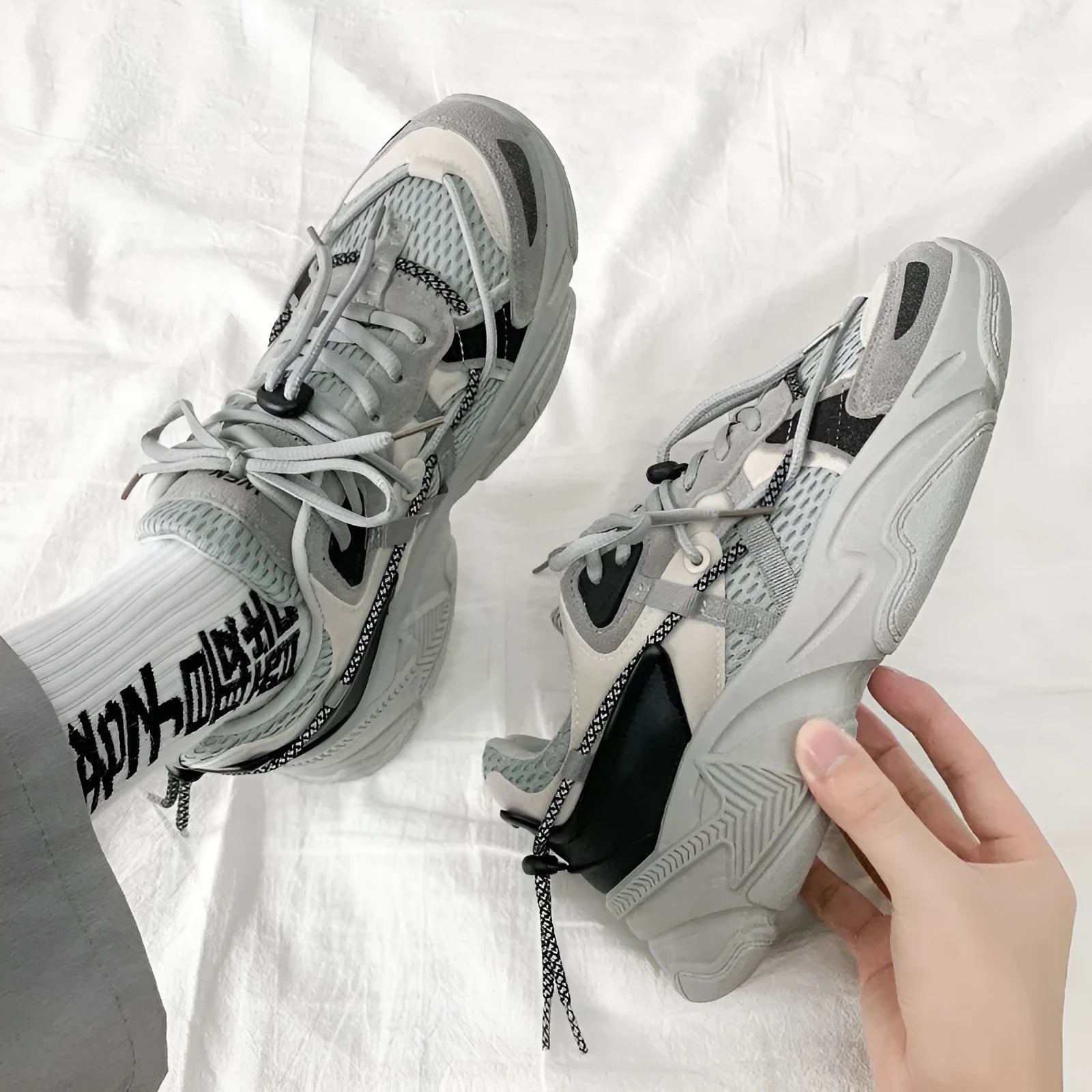 Men's Korean style platform dad shoes in three colours with lace-up front and mesh lining