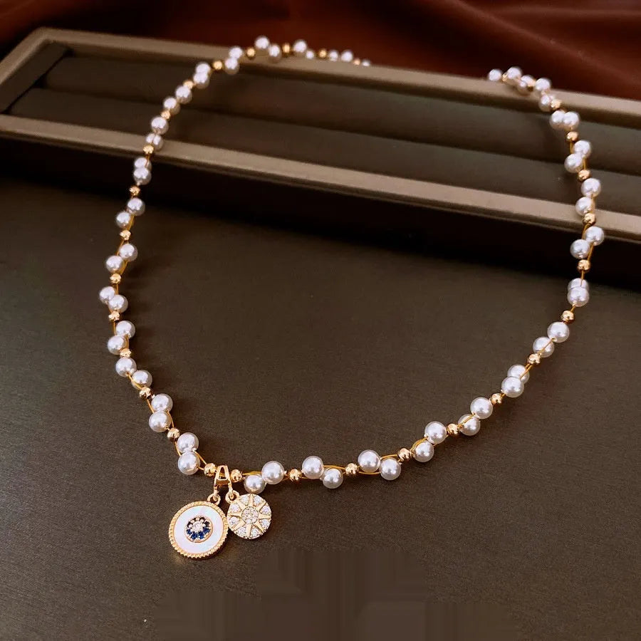 Gold electroplated zircon pearl pendant necklace on clavicle chain with adjustable 41-50cm length