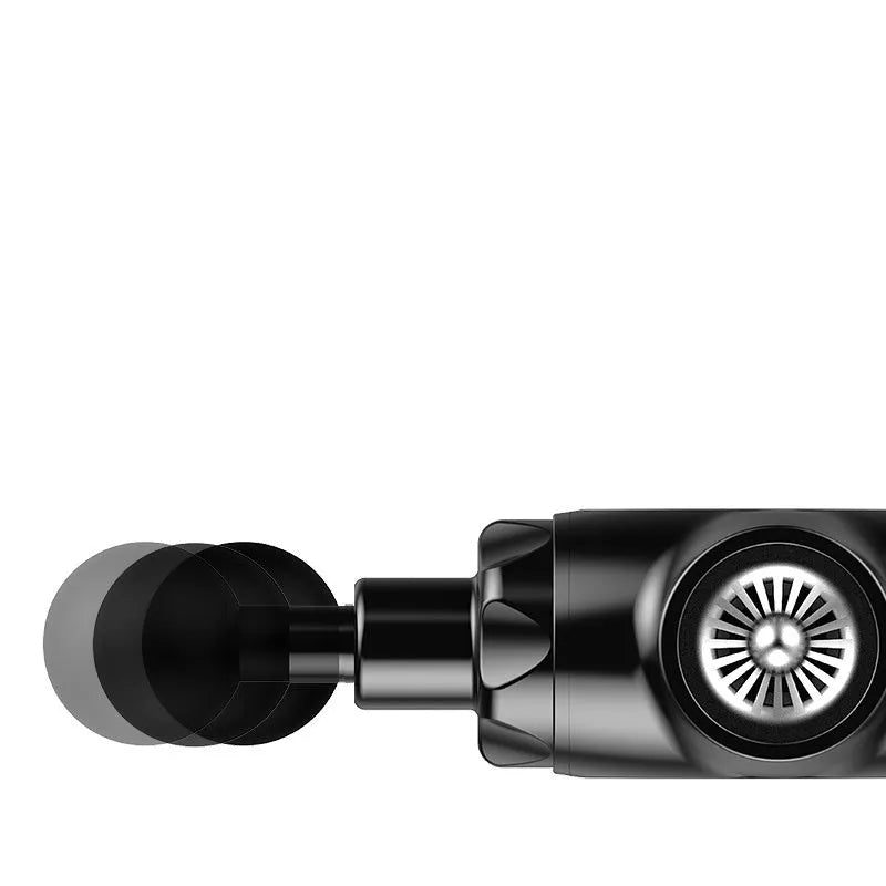 Black and white percussion muscle massage gun with adjustable speed settings