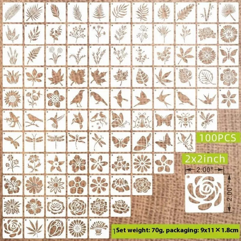 Milky white PET film craft stencils showing animal, floral, and mandala designs, each measuring 2 inches.