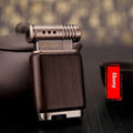 Ebony gas lighter with black wood finish and rosewood decorative detailing