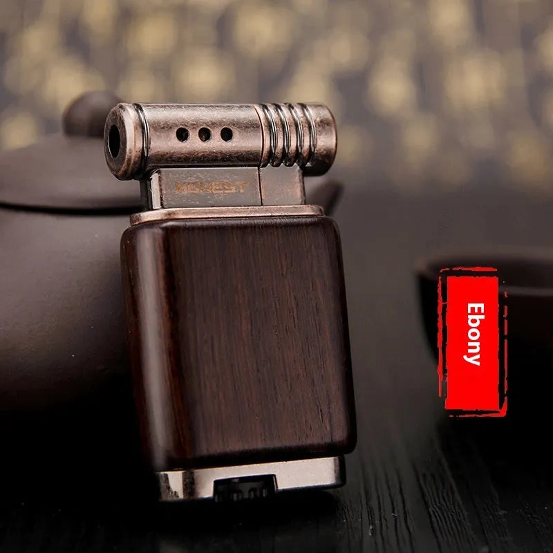 Ebony gas lighter with black wood finish and rosewood decorative detailing
