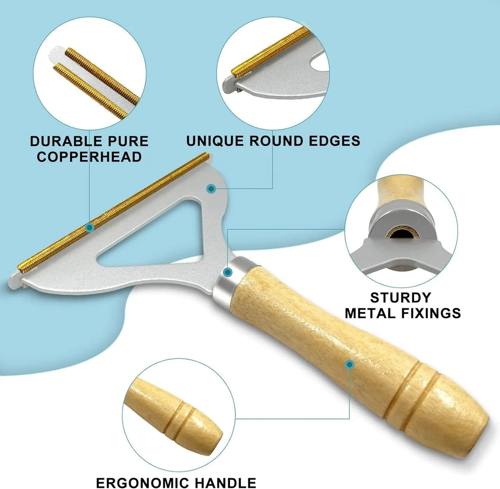 Three-piece pet hair remover set showing a metal lint shaver, a silicone brush, and a round plastic scraper.