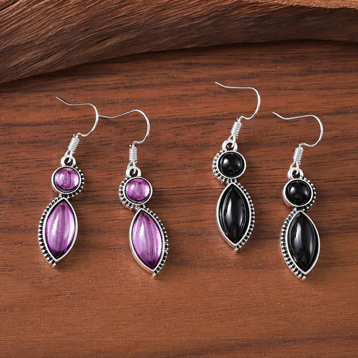 Vintage black and purple gemstone pendant earrings with geometric round design on zinc alloy