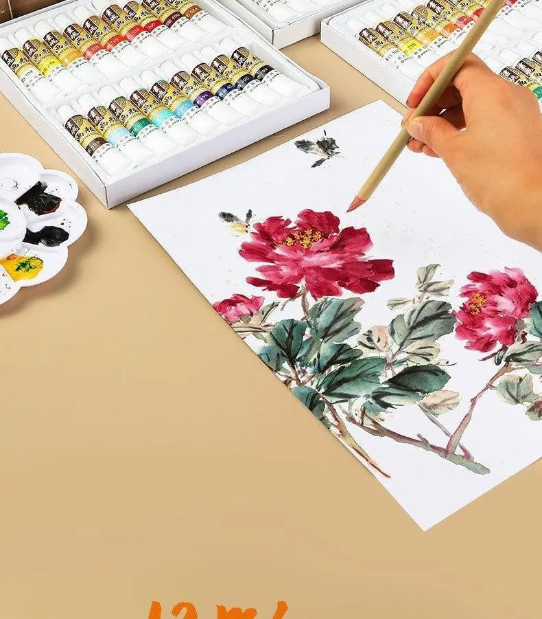 18 colour Chinese painting pigment set with 12ml bottles and plant coating pen