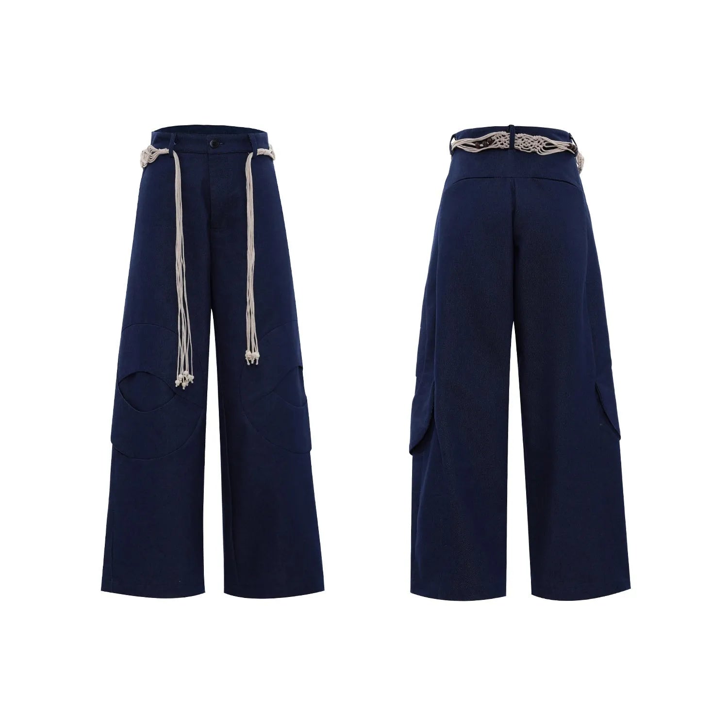Men's dark blue straight-leg jeans showing heavy 3D stitching and tassel pocket decoration.