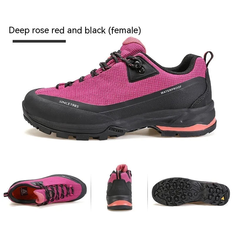 Men's low-top hiking boots with round toe design and lace-up closure in various colours