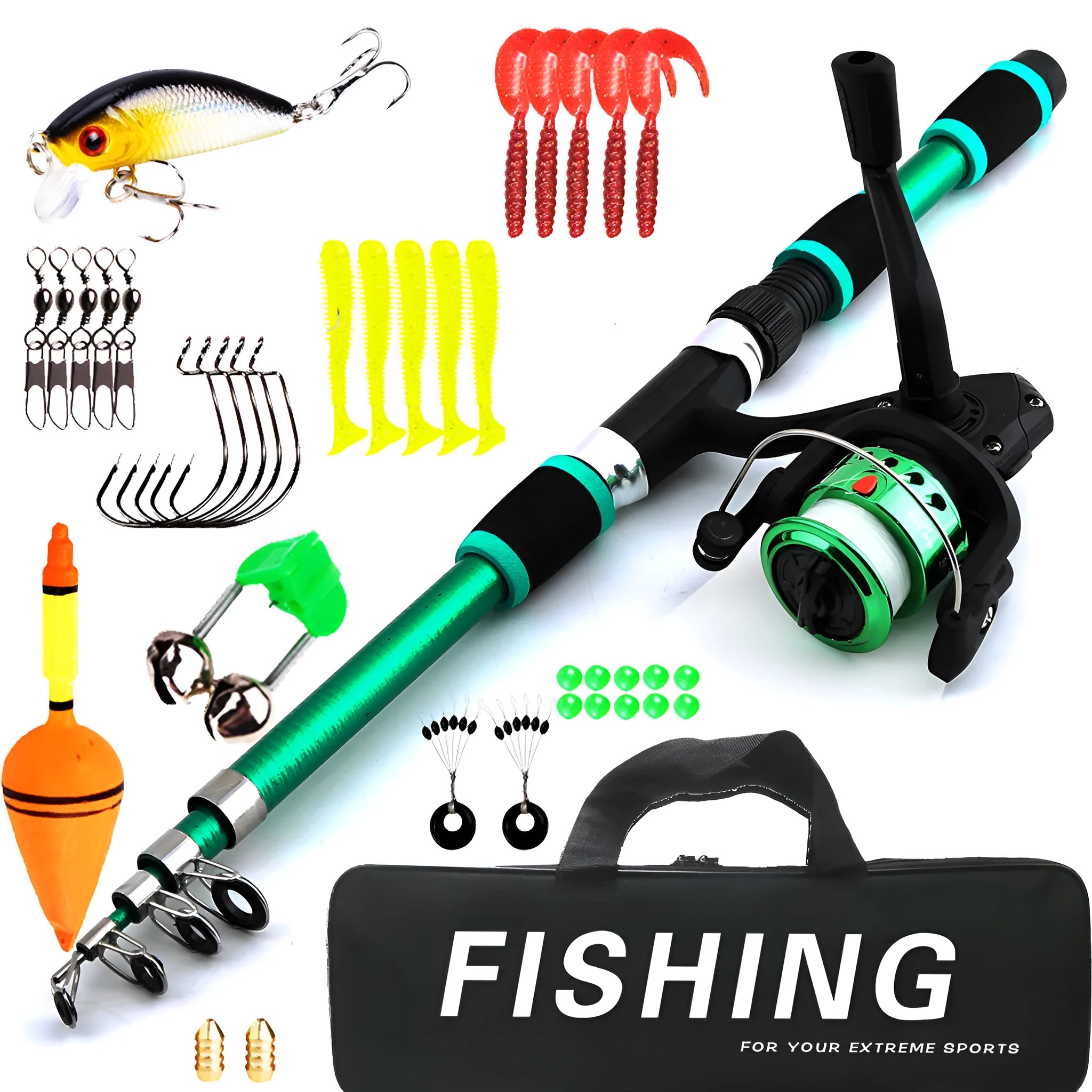 Children's fishing rod and reel set in blue, green, red, or yellow colour options
