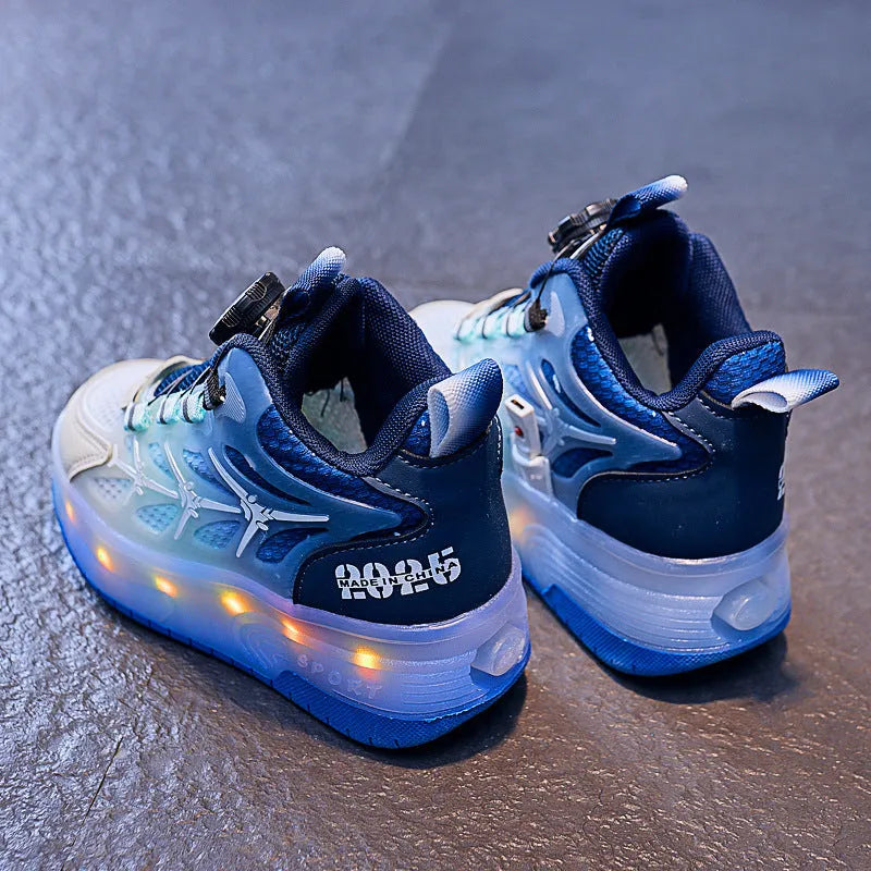 Children's flash knob roller skating shoes in striped blue, black or pink with button fastening