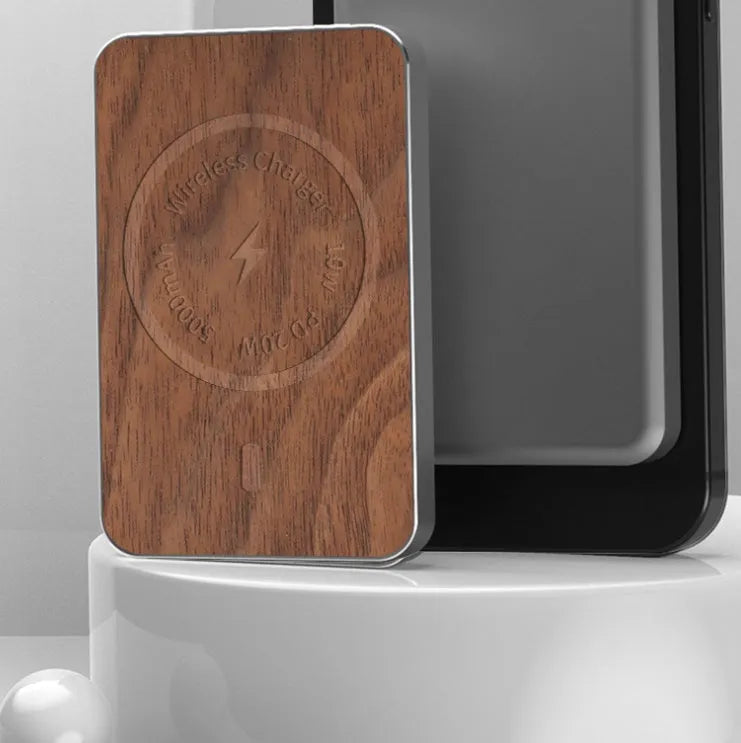 Khaki-coloured magnetic wireless charging bank with USB port and alloy shell