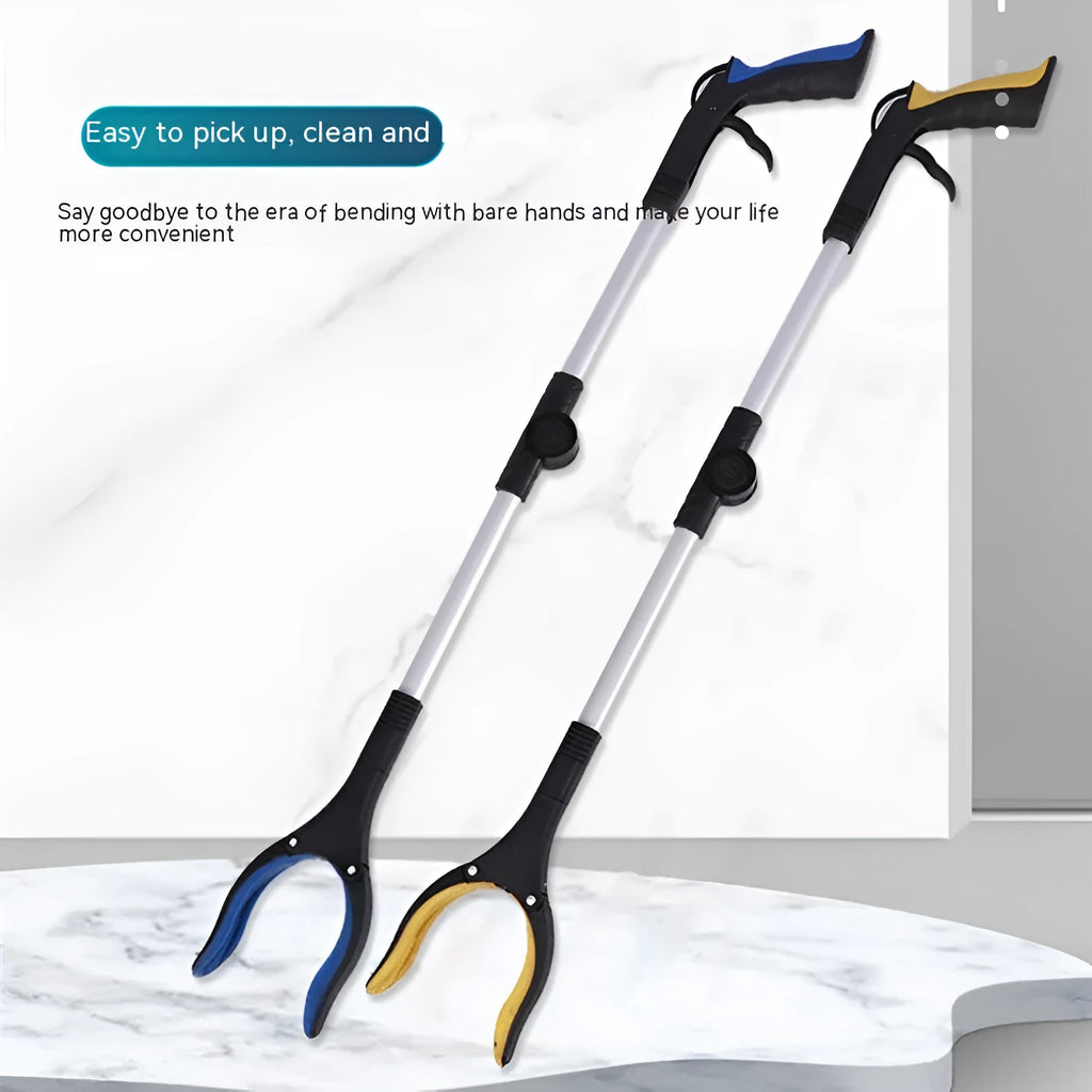 Folding silver aluminium garbage clamp with blue handle extended to 80cm length