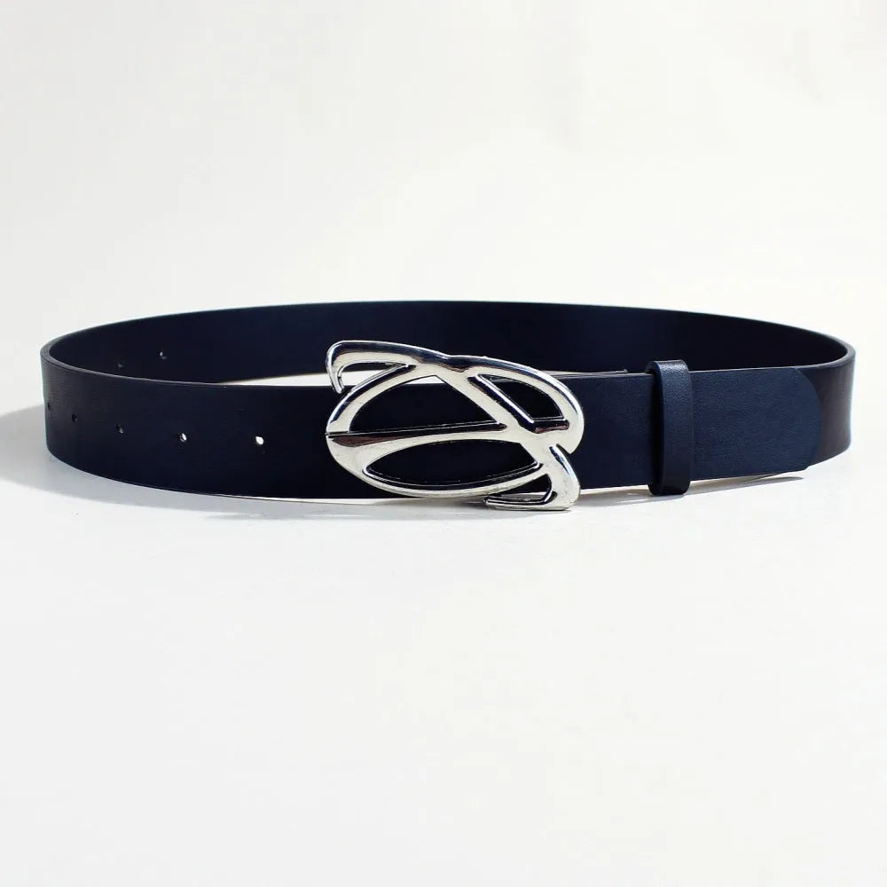 Silver buckle casual belt made from PU leather with snap button fastening, showing 105cm length