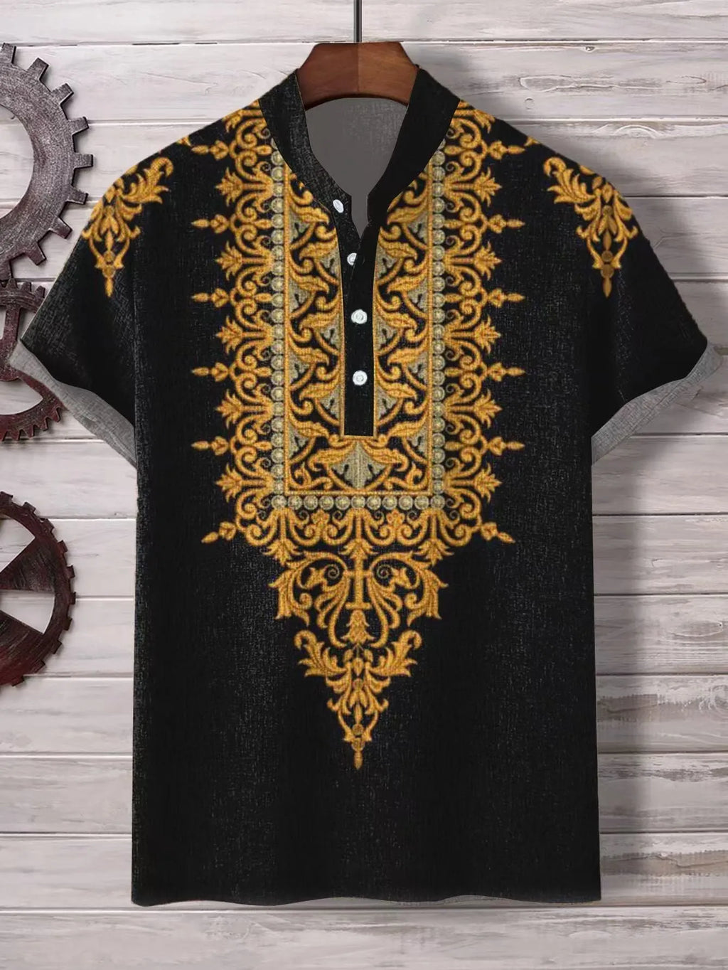 Men's loose-fit striped casual shirt in polyester linen-look fabric with button-down front