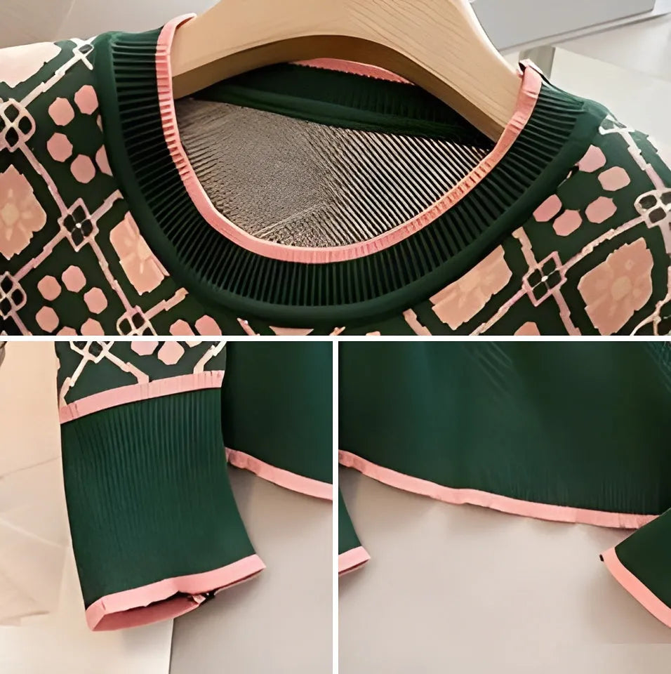 Green women's printed sweater with loose fit design for casual commuter wear