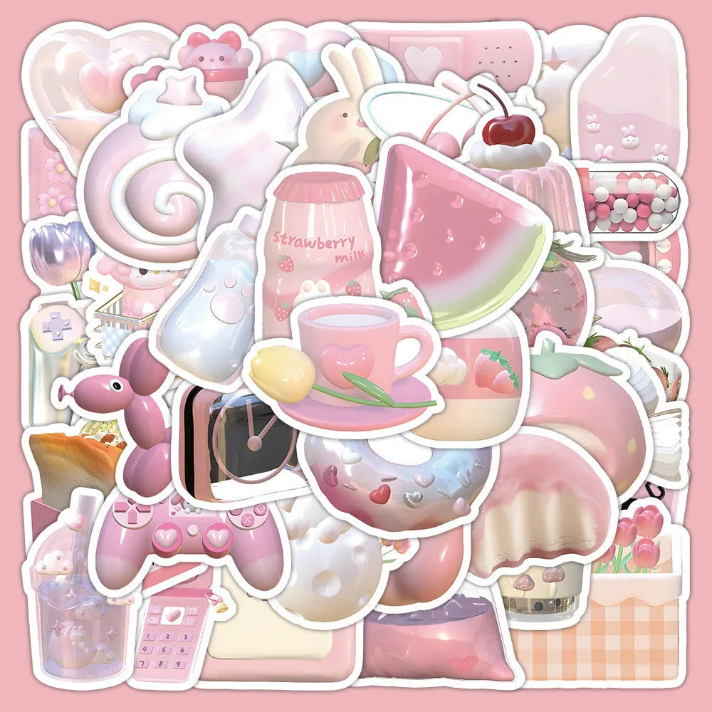 Two types of pink girl heart decorative stickers with realistic 3D appearance, 63 pieces per design