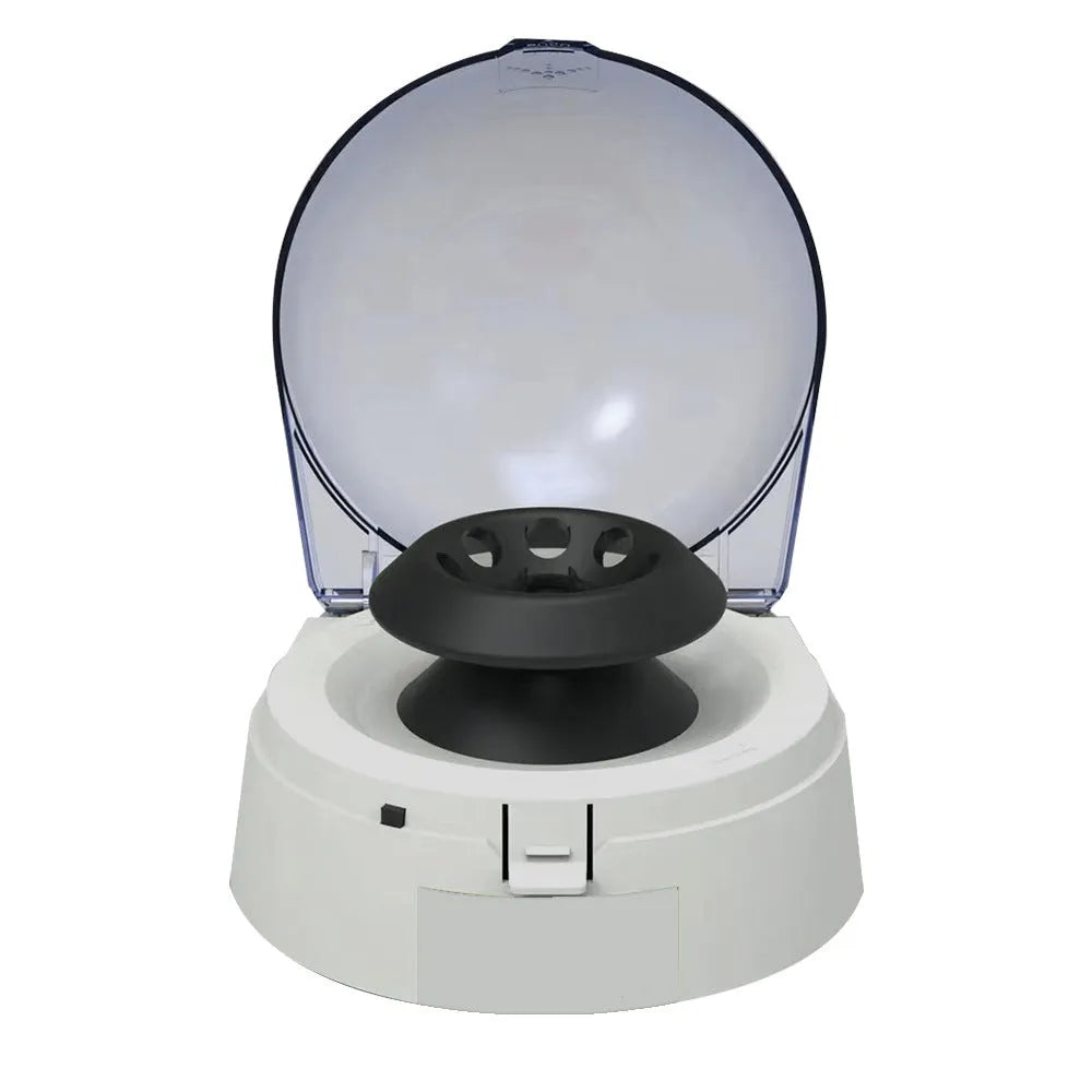 Mini laboratory centrifuge on a benchtop with dimensions 157mm wide by 170mm deep