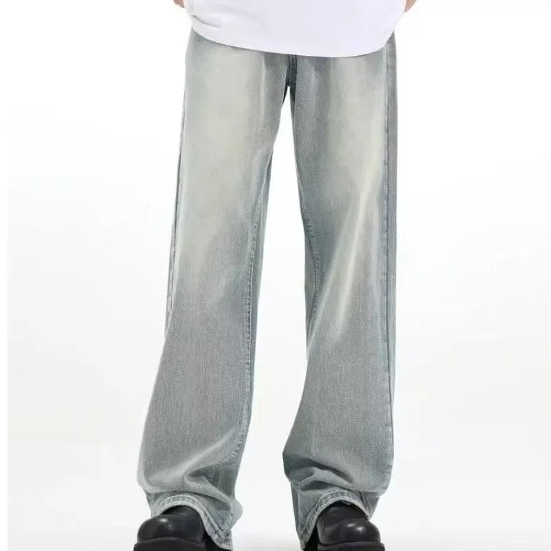 A pair of loose-fitting blue retro trousers made from rabbit fur fabric.