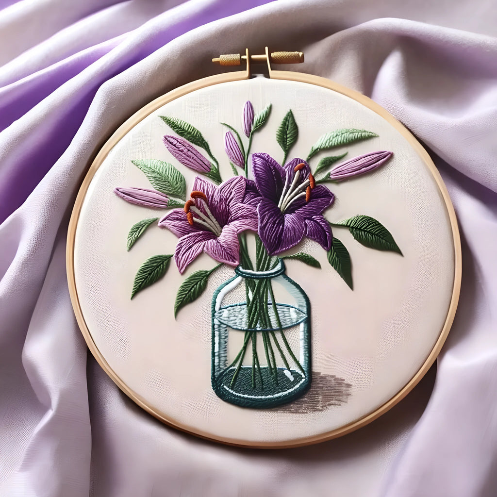 Purple lily flower embroidery kit on 28x28cm cotton linen cloth with 20cm imitation bamboo frame stand