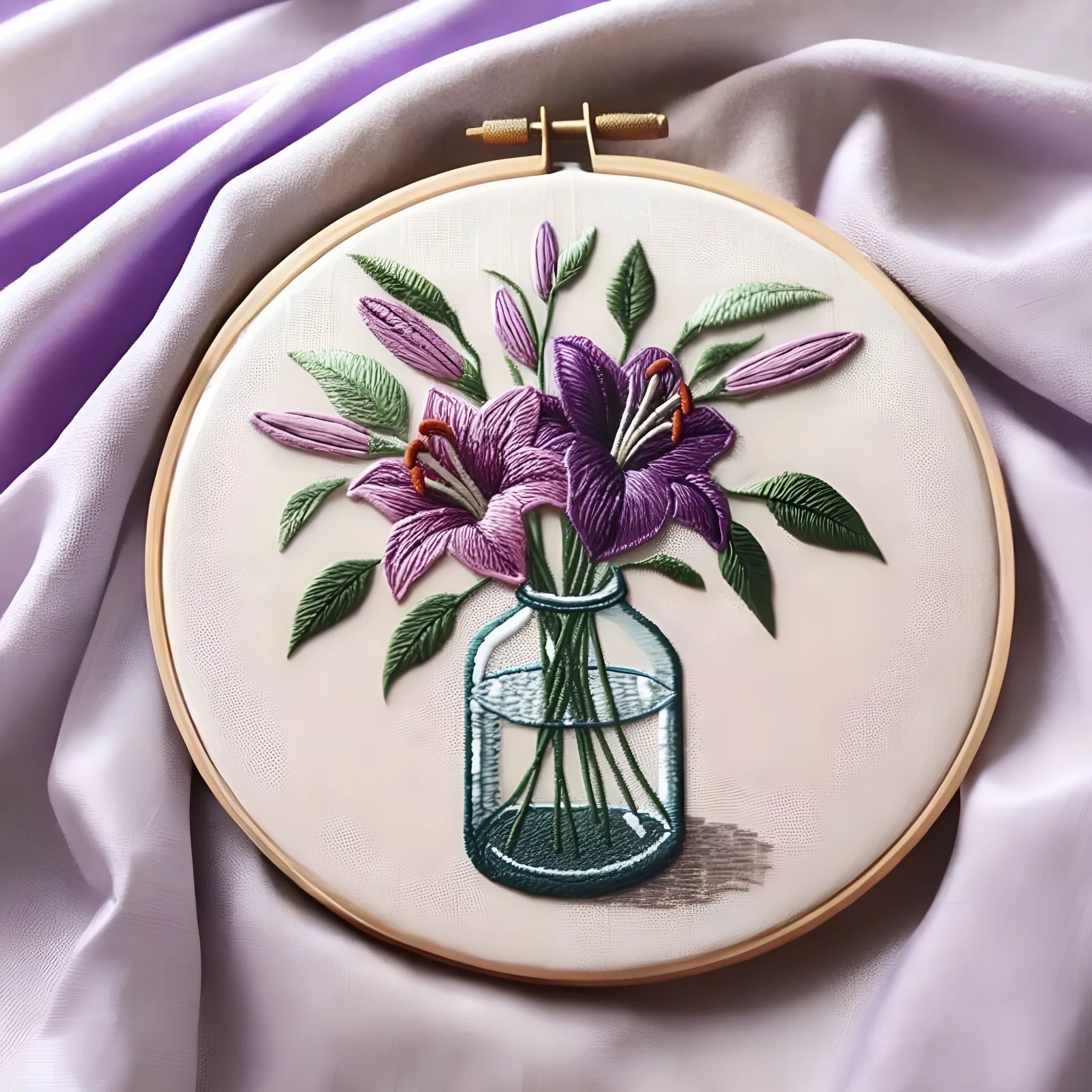 Purple lily flower embroidery kit on 28x28cm cotton linen cloth with 20cm imitation bamboo frame stand