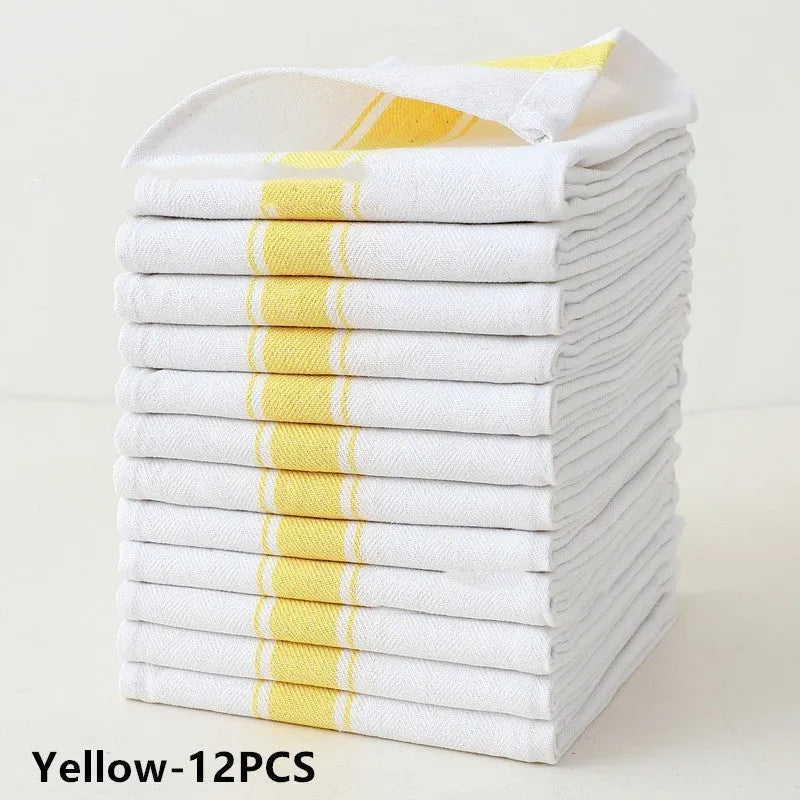 Striped polyester cotton dish towels in a stack, showing colours black, blue, brown, and yellow.