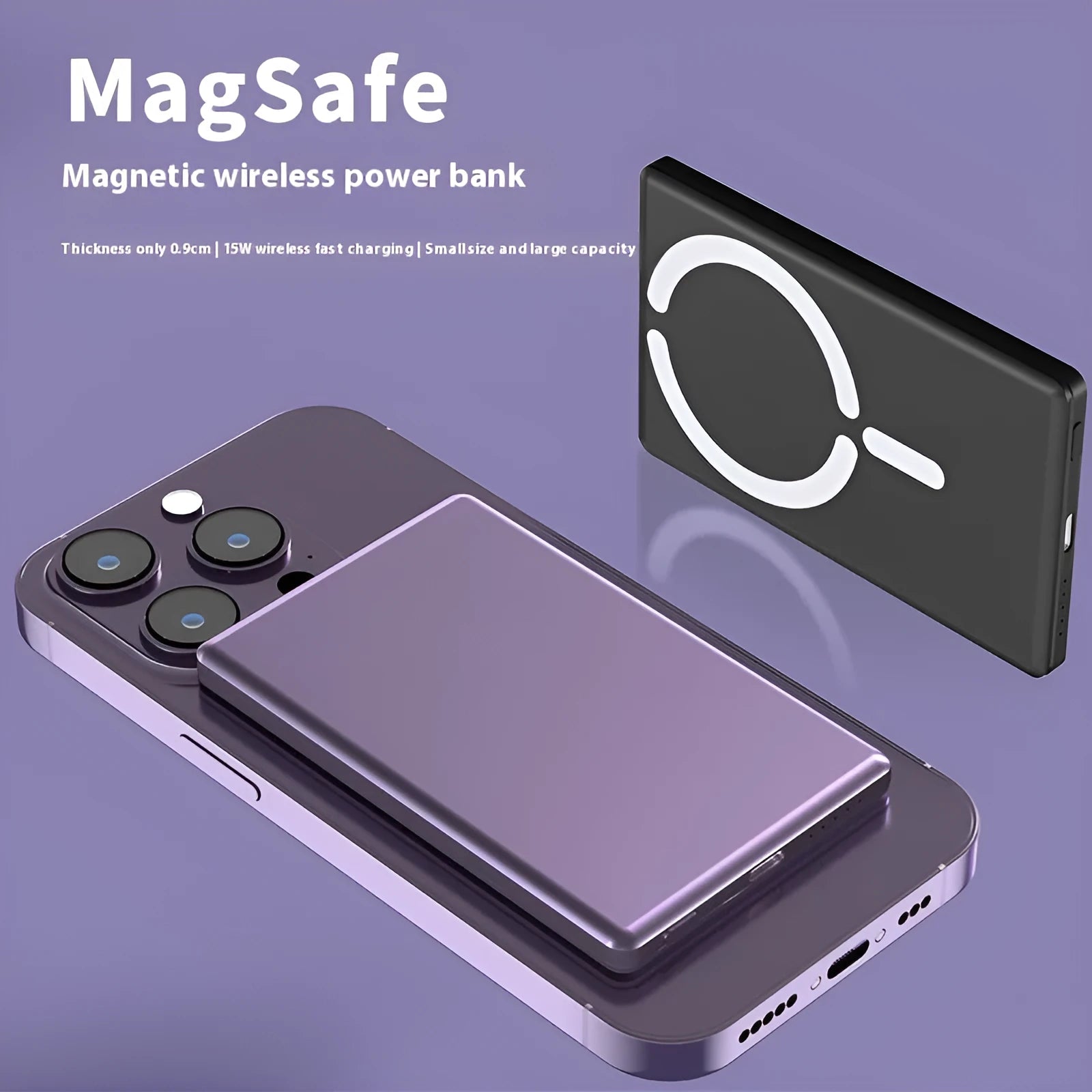 Ultra-thin dark grey magnetic power bank showing 9mm slim profile and compact size