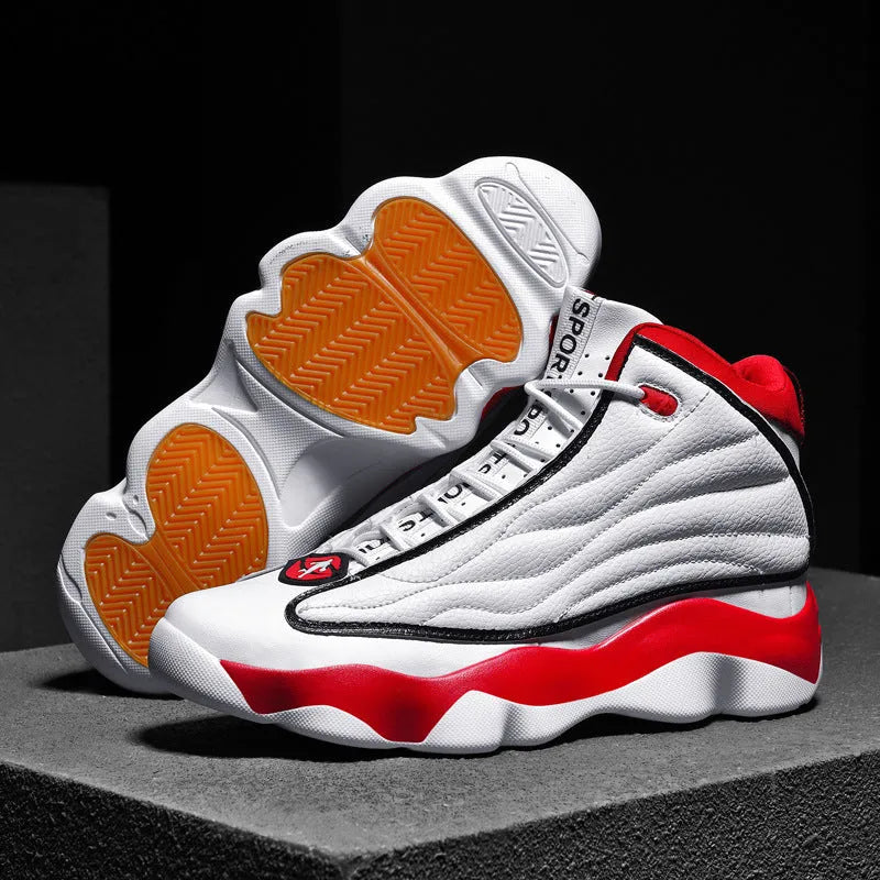 Men's high-top basketball shoes with mesh upper and rubber sole in AJ13 colour options