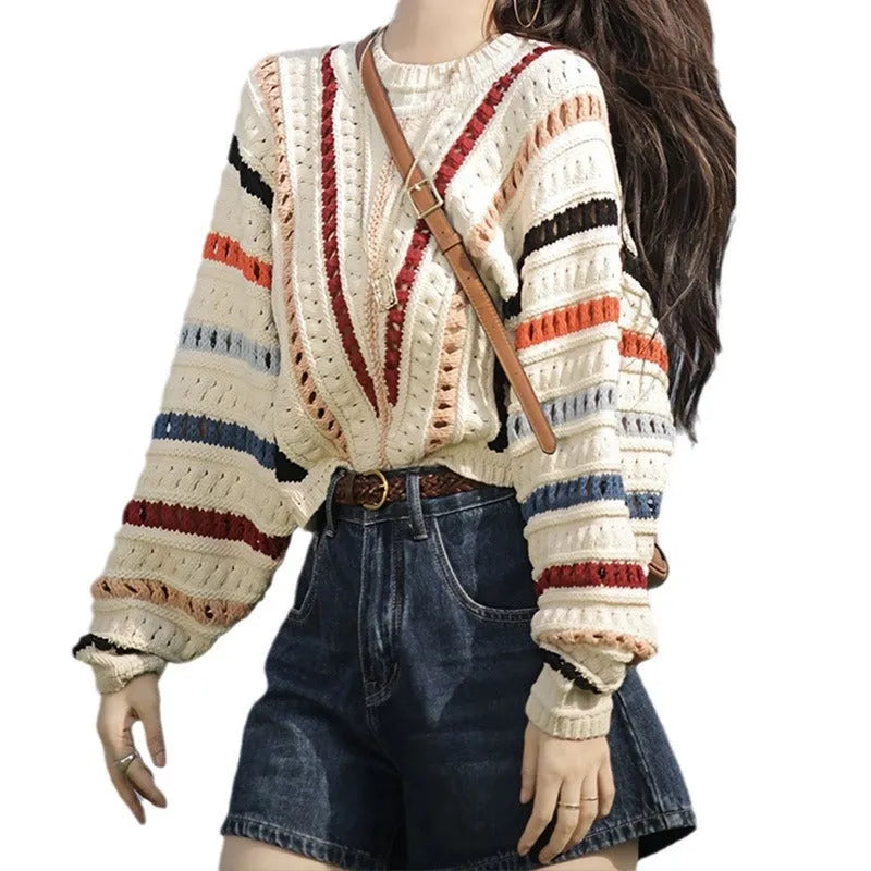 Women's rainbow striped hollow knit sweater with batwing sleeves and round neck in loose fit