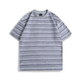 Half sleeve round neck couple t-shirts in striped apricot, black, yellow, gray, and pink colours