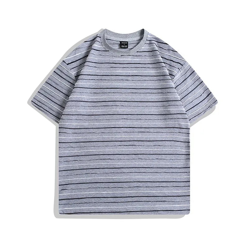 Half sleeve round neck couple t-shirts in striped apricot, black, yellow, gray, and pink colours