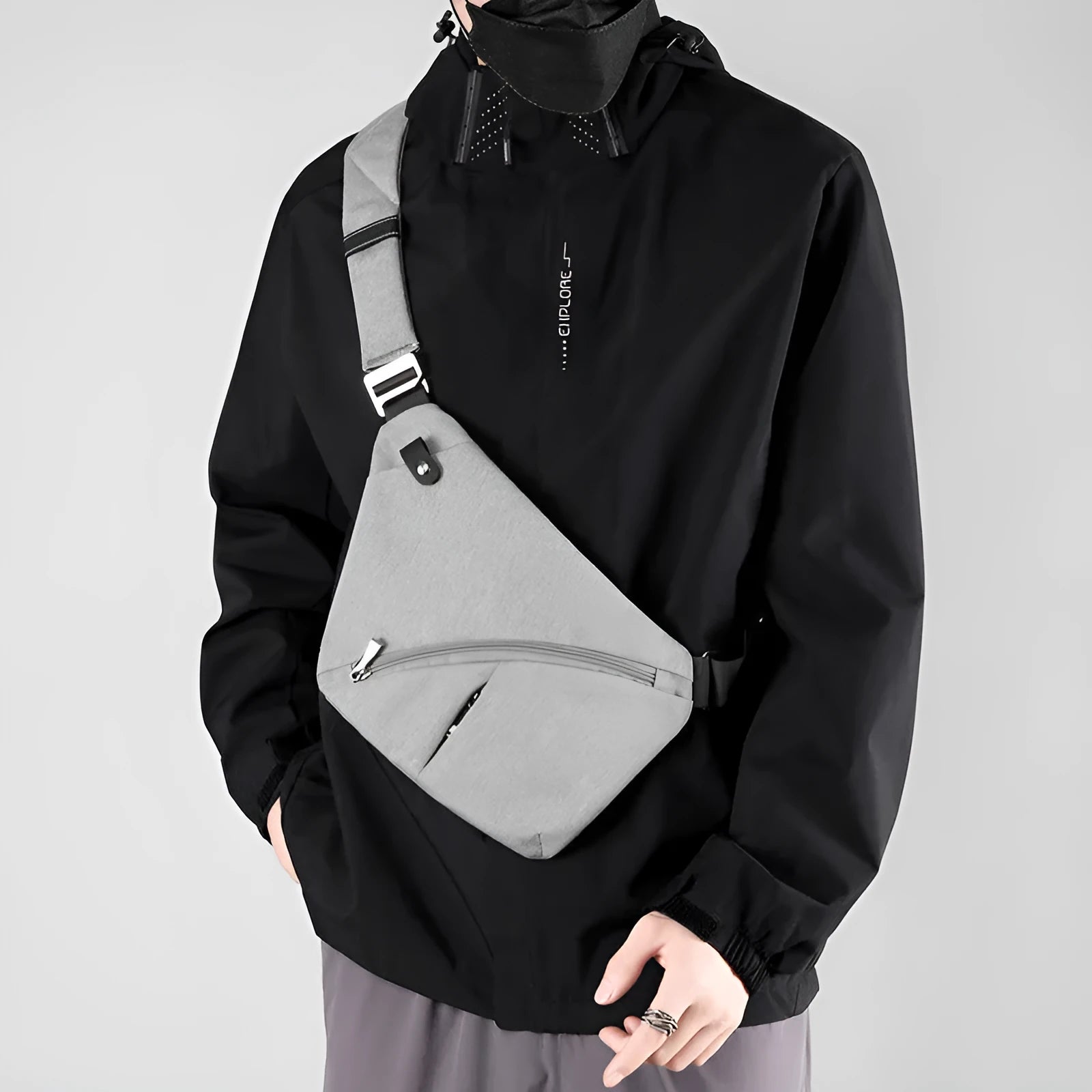 Men's Oxford cloth chest bag in black or grey with one shoulder strap design